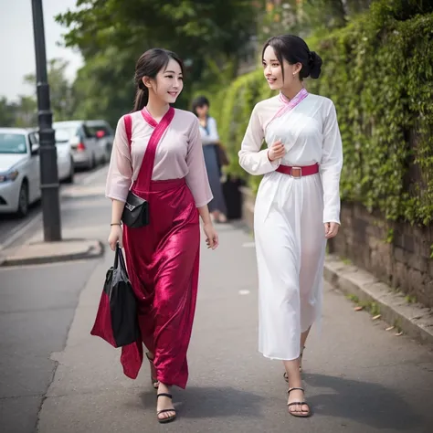 Two Burmese young women walking and talking show full bodies.