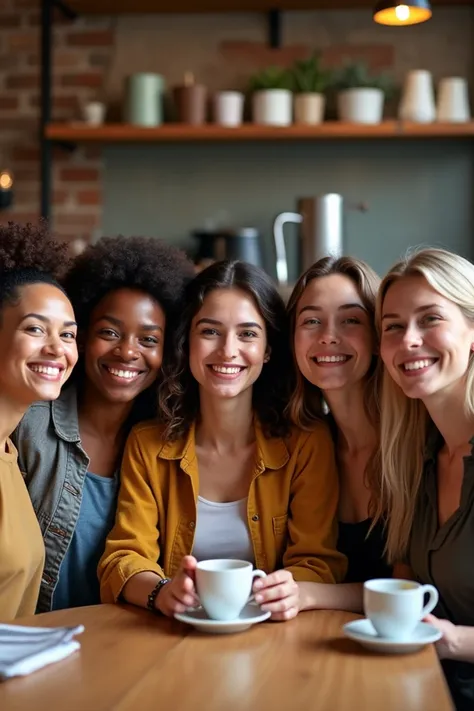  Create an image of 5 friends , all women,   coffee shop owners , Where 2 are black ,  2 brown-haired whites and one blonde-haired white