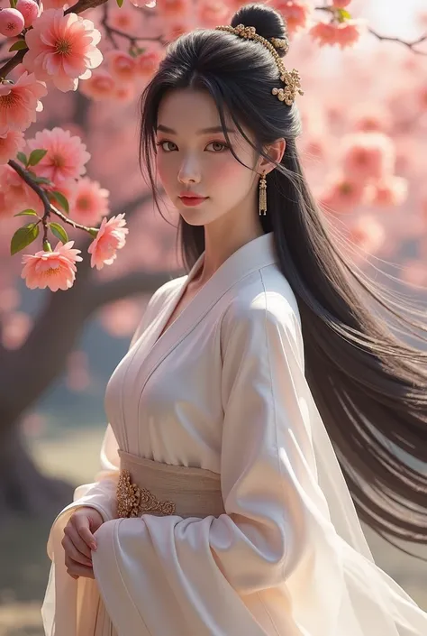 Ancient Chinese beautiful woman in white hanfu looking straight, long black hair , simple hair ornament, rosy lips,  round breast , standing near peach tree
