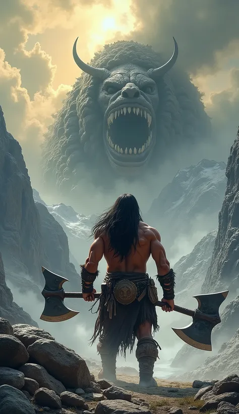 The Mountain Barbarian

Against a backdrop of jagged peaks and a sky split with golden light, the Mountain Barbarian stands firm. His bronzed skin glistens with a layer of sweat as his colossal muscles ripple with each movement. His black hair and beard fl...