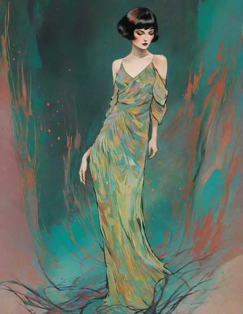 ink sketch technique on sensual illustration of an elegant queen (((short hair with bangs:1.4、Beautiful bangs) , vintage ,silky dress, matte painting, by John Singer Sargent, by Harumi Hironaka, extremely soft colors, dark fashion , Tiffany pastel, highly ...