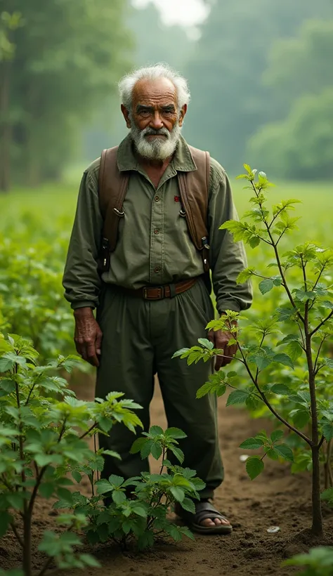 Symbol of Humanity and Kindness:**  
   The old man, with a determined look, surrounded by freshly planted saplings, representing his selfless act and vision for the future.  