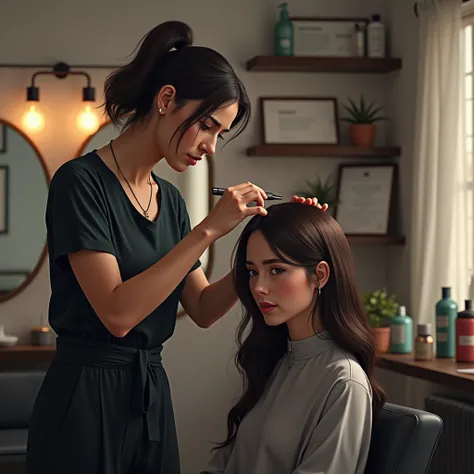 a hairdresser dyeing a womans hair with an expression of insecurity
