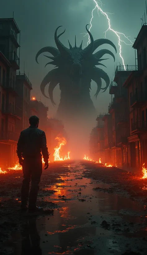 Fotograma cinematográfiOn an apocalyptic night, in the middle of the rain, a city destroyed in flames, invaded by demons that came out of hell, and by the lights of the thunder reflects a shadow in the sky a dark sinister monster with tentaclesco de chocol...