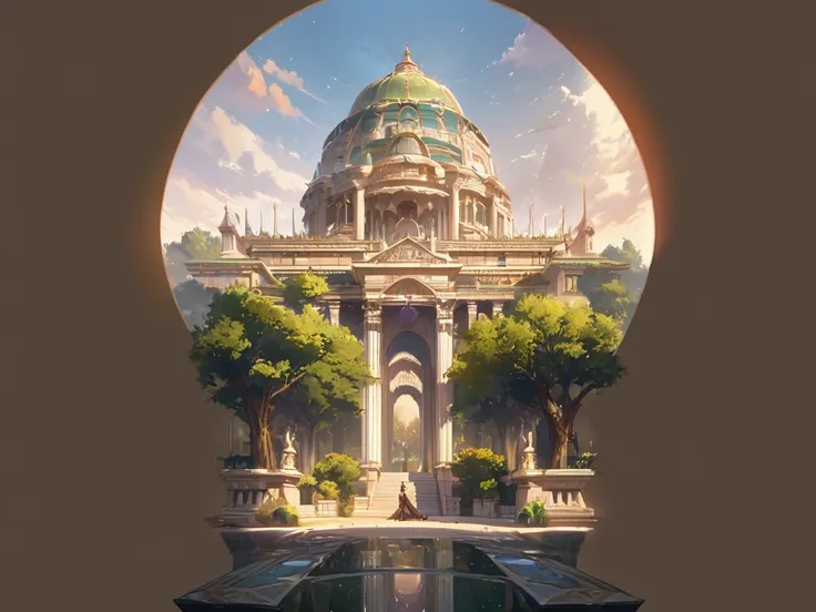 High Resolution, no people, artwork, hazy, gorgeous palace, greenery, roman, college, fantasy palace, dragons in sky, floating school, detailed, extreme detailed, Masterpiece, Award Winning, Best Quality, HD, 