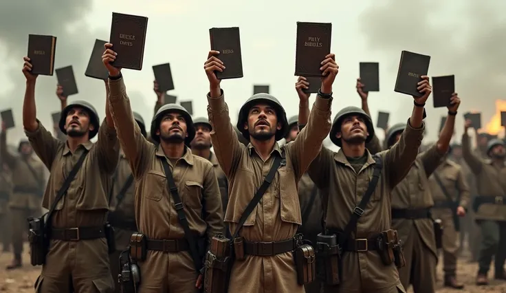 Several soldiers in battle position with bibles in their hands raising to the sky