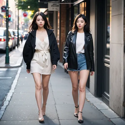 Two young cute women walking away and talking show full bodies.