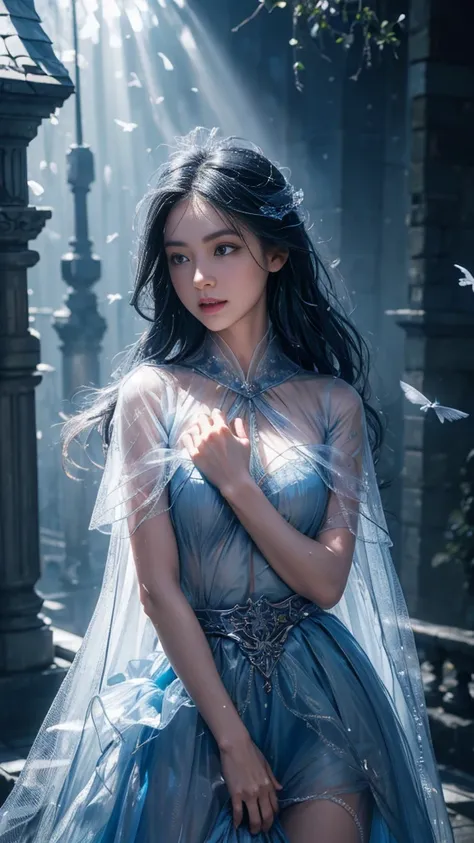 8k, masterpiece, 1 girl, beautiful face, very long hair, light makeup, (glossy skin), detailed eyes, detailed lips, shut up small bust, fantasy clothing, blowing wind, ((blue clothing)), ((fantasy petticoat)), ((mesh cape)), mesh clothing, ((fog)), ((in th...