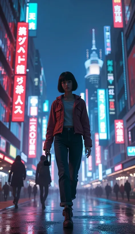 In a night city of Tokyo - Japan in cyberpunk style, a young girl, 20-year-old appearance, with short hair reaching to the neck, in a youthful outfit, walks through the city