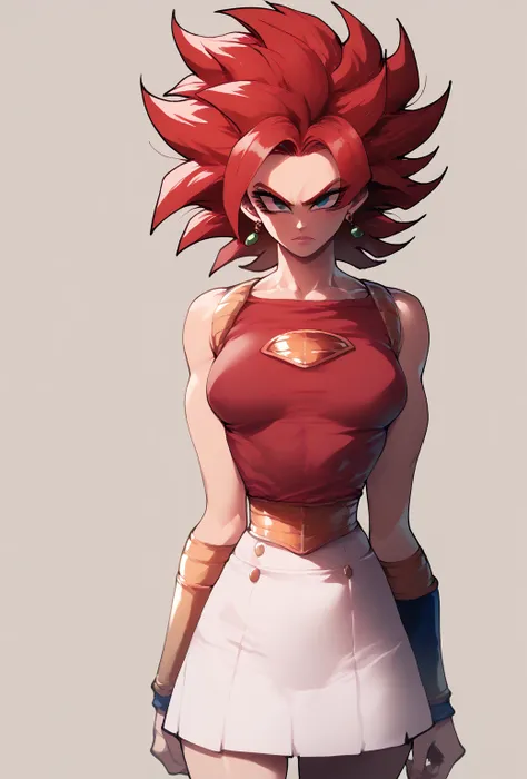 Super Saiyan Woman, white skirt, Alone,  red hair , (( medium breasts)) 