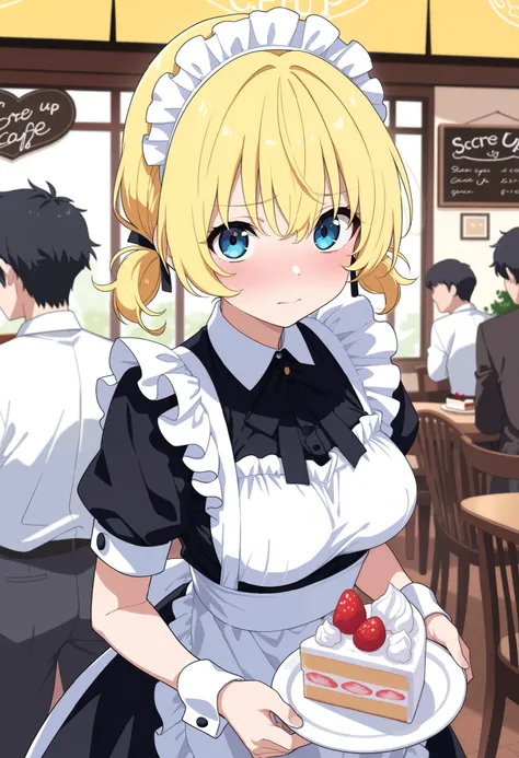 masterpiece, best quality, score_9, score_8_up, score_7_up, score_6_up, score_5_up, score_4_up, source_anime, 1girl, medium breasts, wavy hair, messy short cut, blonde hair, blue eyes, small pigtails, wearing maid dress, maid cafe, blushing, serving cake, ...