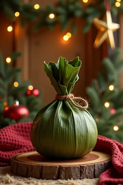  Create a photo of a typical Tolima product called Tamal Tolimense ,  which is made of a banana leaf and the tie is done leaving the product below and in the shape of a ball,  with a tie at the top , and the background must be Christmas 