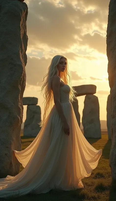 a beautiful young ancient woman with platinum blonde hair wandering between the stones of stonehenge, stunning cloudy sky background, detailed face, elegant pose, ancient ruins, dramatic lighting, golden hour, cinematic,8k wallpaper