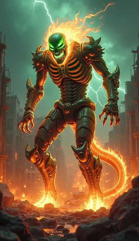 "Show a fearsome hybrid of Vipertron and Ghost Rider dominating a destroyed urban landscape. The hybrid’s serpentine body is clad in biomechanical armor glowing with green venomous energy and wrapped in blazing infernal chains. Its skeletal face burns with...