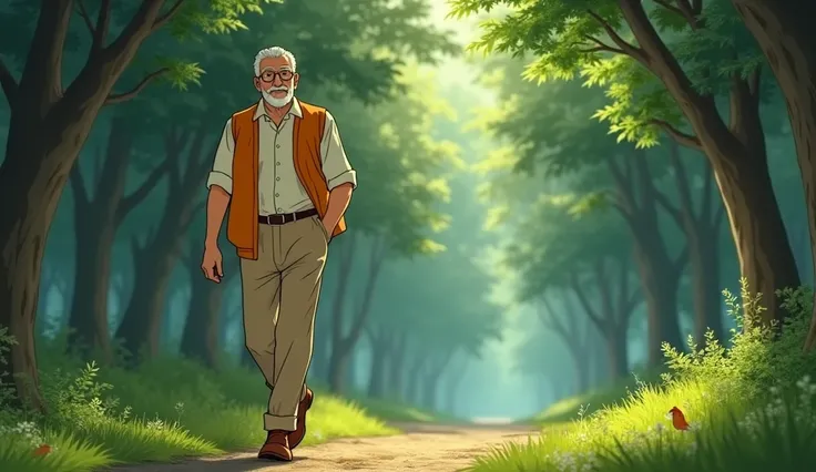 Transition to a brief flashback of the old man An elderly, wise-looking man with short white hair, a neatly trimmed beard, and glasses. He wears a white shirt, beige trousers, brown loafers, and an orange sleeveless jacket.  walking in the forest, the gold...