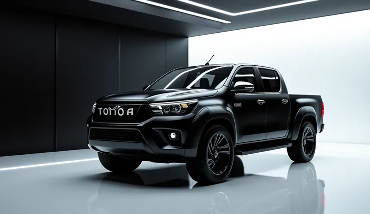 A captivating futuristic image of a 2025 toyota hilux truck , painted in a striking black hue, commanding the attention of onlookers in a luxurious white showroom. The vehicles name, "2025 toyota hilux truck is prominently displayed in large, metallic lett...