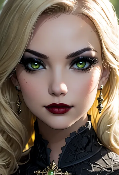 masterpiece, best quality, 1 woman, beautiful, face portrait, dark and deep makeup, lipstick, focus on face, 1 girl, gothic, grecorian, lady mary, light and dark blonde hair, honey green eyes, huntress