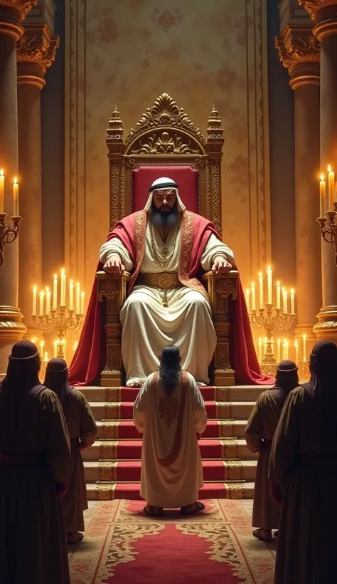 The king sits on a grand throne with an arrogant expression. Nabi Yahya stands before him with a posture full of courage. The background showcases the grandeur of a palace lit by candles.
