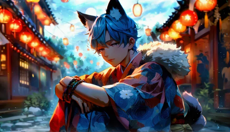 This image depicts a character in anime style, with a starry sky and moon in the background. The male character has blue hair and cat ears, wears a kimono with interesting patterns and colors, sits hugging his knees.