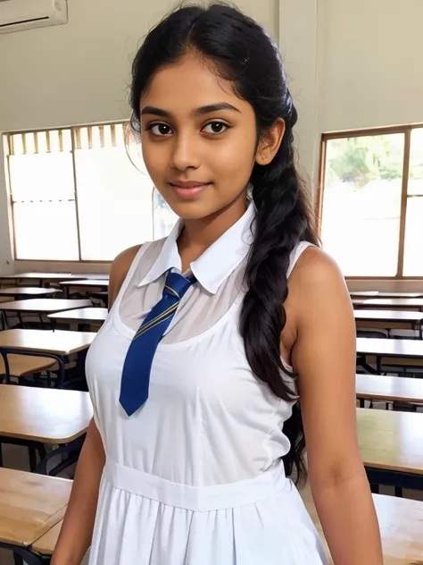 Srilankan school girl ,open hairs,boobs, , school white frock,in the classroom, frock with pockets , wearing white vest camisole as a undergarment , see through 