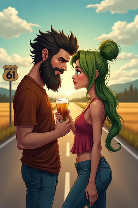  A couple holding drinks ,  the girl has green hair and blue eyes, The boy has a beard ,  are on a sign written Route 61 .