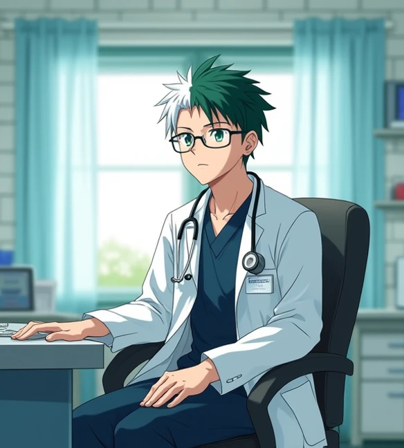  A 43-year-old anime man , To Love Ru,  soft lighting ,  sitting in an office chair ,  in front of him is a desk in the doctors office in a white hospital with white slabs,  the house is surrounded by a brick wall 2 meters high ,  the windows of the room a...