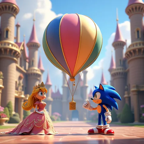 Princess in left sonic in right , at the middle huge ballon, at background palace 