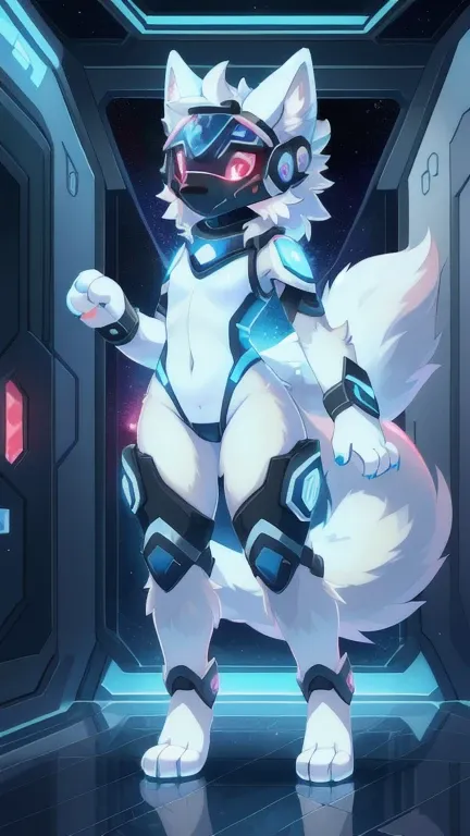 (( best quality,   masterpiece ,  perfect anatomy,  detailed image )), 1Feminino,  protogen arctic ,  arctic fox ,  long visor , blue visor , ruby eyes, corpo sexy, Futuristic giant equipment,  fluffy tail , red blush,  front view, space,  full body ,  thr...