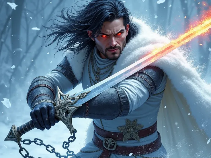 Illustrate a powerful and dynamic character portrait amidst a blizzard of swirling snow and crackling ice chains, embodying strength, determination, and a hint of ruthless ambition. The scene should pulse with the energy of a man forged in the unforgiving ...