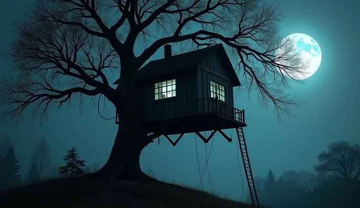 A haunting shot of a treehouse perched precariously on a hill, bathed in moonlight. The structure looks abandoned, with broken windows and a rope ladder swaying in the wind. The moonlight highlights eerie claw-like branches stretching toward the treehouse ...