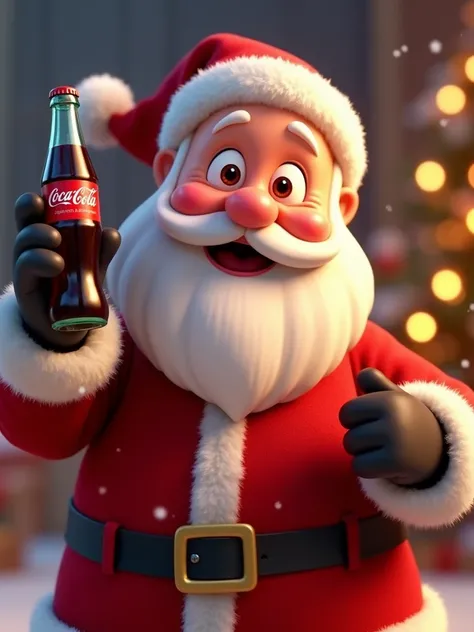 "Create a 3D character in the Pixar style/ Disney representing a cheerful and charismatic Santa Claus .  He must be wearing his traditional red costume with white details and a black belt with a shiny gold buckle.  Santa Claus must be holding a classic Coc...