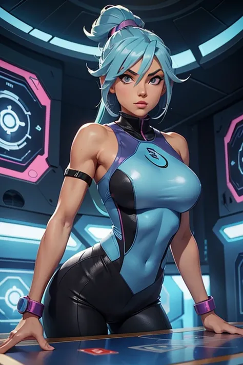  sexy character , Girl with fitness body ,  perfect round breasts ,  gray eyes and light blue hair ,  wearing tight futuristic-style fitness clothing, With Yugioh cards in a Cardgame competition setting