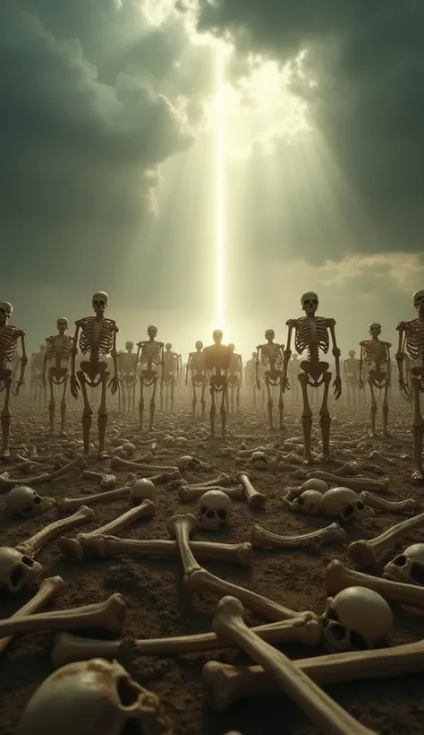 A close-up shot of a vast, desolate valley under a stormy sky, filled with countless dry, scattered human bones. Suddenly, a divine light pierces through the dark clouds, illuminating the scene as the bones miraculously reassemble into complete skeletons. ...