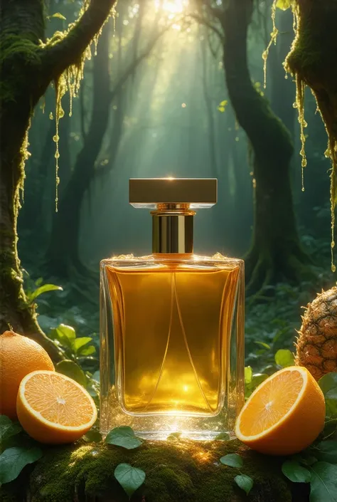 giant, cubic perfume, golden cylindrical cap, emerging in the middle of a lush forest, partially covered by green leaves, tall oak trees with hanging mosses, immersive and mysterious atmosphere, soft lighting highlighting the bottle, centralized bottle wit...