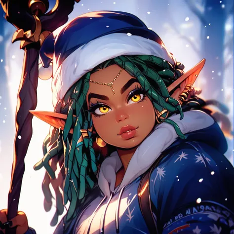 Best quality, highly detailed, ultra detailed, dynamic night lighting, night time, tan brown skin femboy, big ,plus sized body, big body, big boobs, fat body, green hair, dreadlocks, green dreadlocks, white horns on forehead, pointy elf ears, yellow eyes, ...