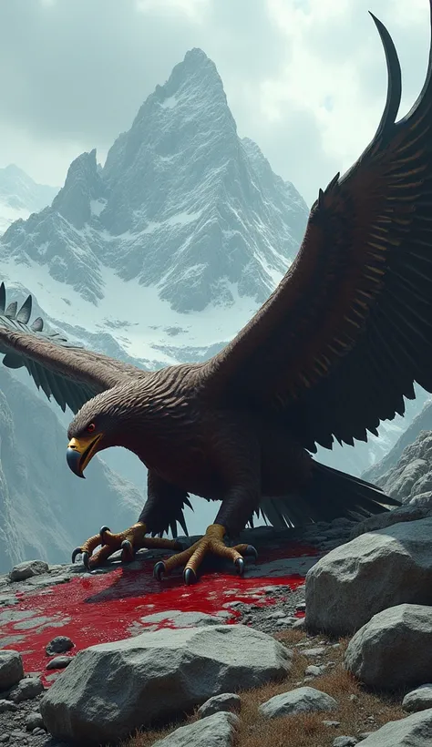 A giant eagle, killed, bleeding, rocky mountain background 