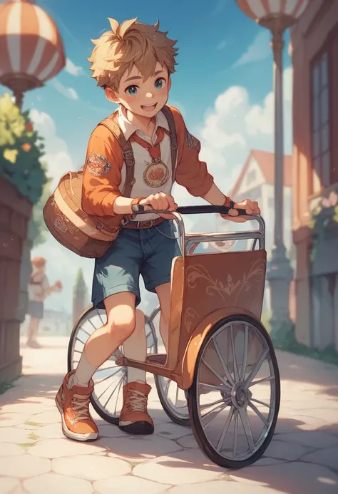 A young boy wears diapers with a cute pattern and rides in a stroller and laughs innocently、