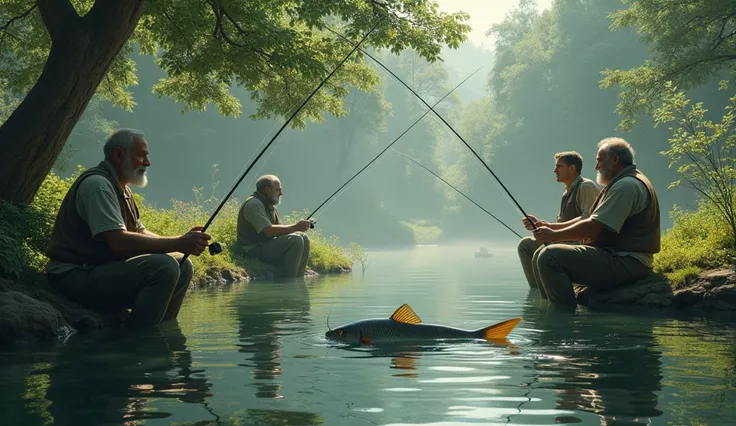 Four man fishing in the pond and catch big fish 