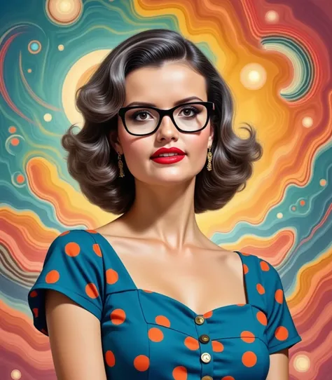 This image showcases a vibrant and eye-catching digital artwork featuring a stylized woman with a 1950s-inspired look. The subject is wearing a blue dress with orange polka dots and has short, wavy hair in a mix of gray and pink. Shes adorned with black-ri...