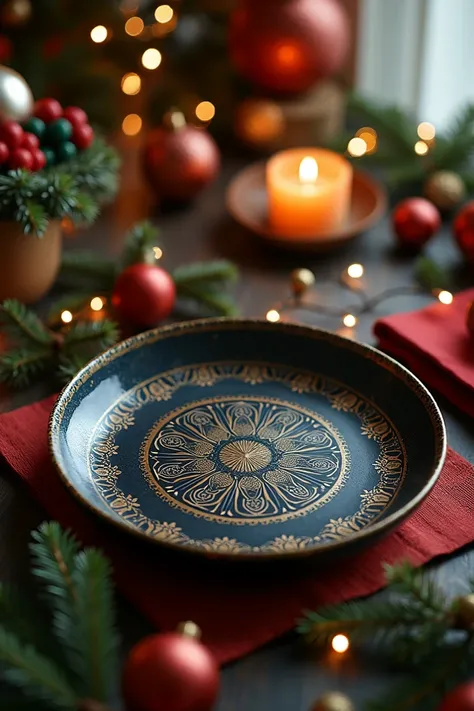 Dark Pando plate on a table decorated with Christmas elements