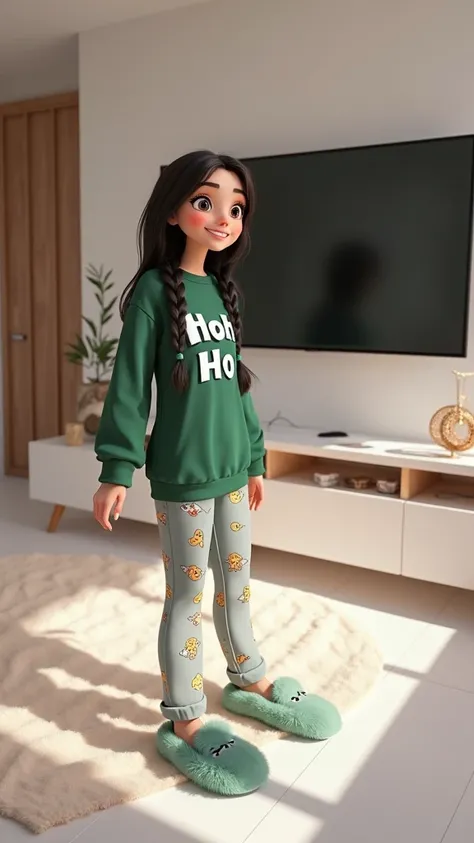 Woman 30 years, long straight black hair with two braids one at each side, wearing hunter green long sleeve tee with the words “ Ho Ho Ho in bold white print, with light grey pajama pants with gingerbread cookies Christmas prints. And furry mint green drag...