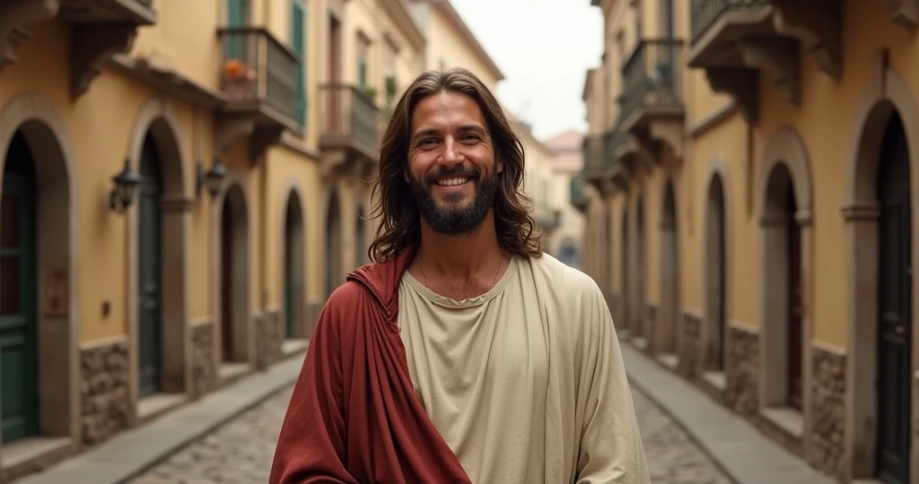  Jesus Christ close, With a calm and serene and happy countenance, In front of an old street 
