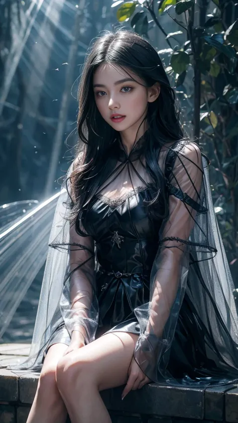 8k, masterpiece, 1 girl, beautiful face, very long hair, light makeup, (glossy skin), detailed eyes, detailed lips, shut up small bust, fantasy clothing, blowing wind, ((black clothing)), ((fantasy petticoat)), ((mesh cape)), mesh clothing, ((fog)), ((in t...