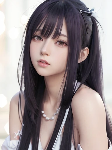 a close up of a woman with long purple hair wearing a white and sexy outfit , realistic anime 3 d style, realistic young anime girl, stunning anime face potrait, photo realistic anime,anime realism style, kawaii realistic portrait, realistic anime artstyle...