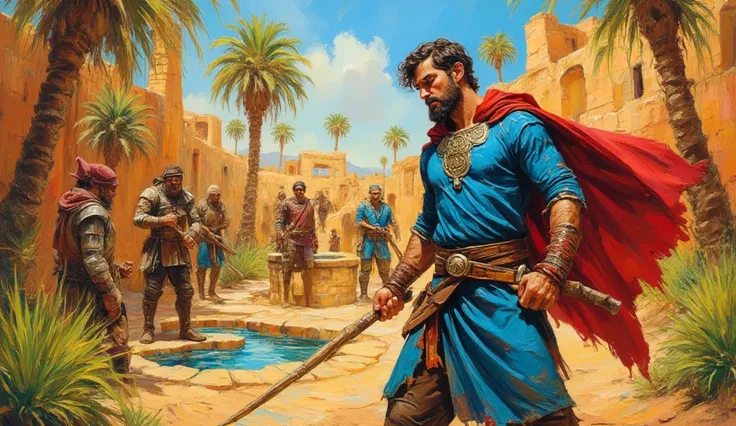 the painting in impressionist style Set in an oasis in the desert in front of a stone well a young man with a blue tunic and a red cloak and a dark beard fights the menacing bandits with a long stick