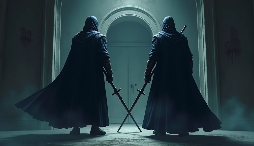 Two guards in position in front of a bedroom door .  Guards with blue capes and security spears in their hands  . Dark illustration,  Adult illustration , mysterious illustration, tons dark.