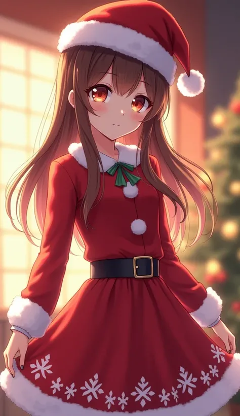 An anime-style illustration of a woman wearing a Christmas outfit,  looking at the spectator ,  perfect lighting 