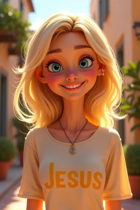  Create a pixar image of a light-eyed blond woman wearing a blouse written JESUS in yellow,She is smiling and happy with Ocilos following in his corner 