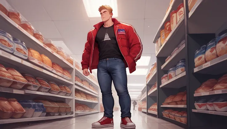 A man, muscular, wearing a red cold jacket, black shirt, black jeans, shoes, he is  an American supermarket, American plan, View from afar