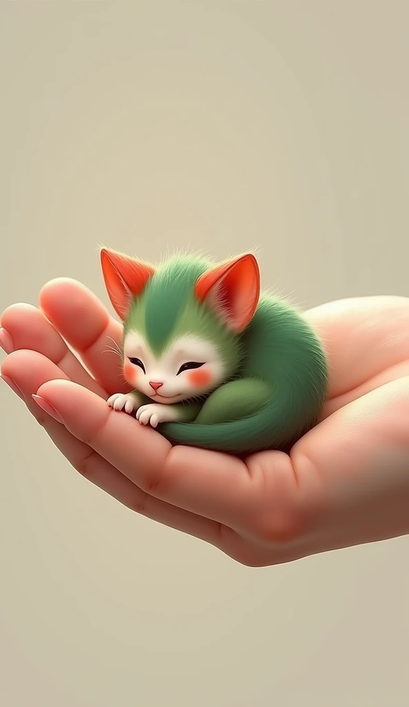 A green and red mini cat in the palm of one hand 